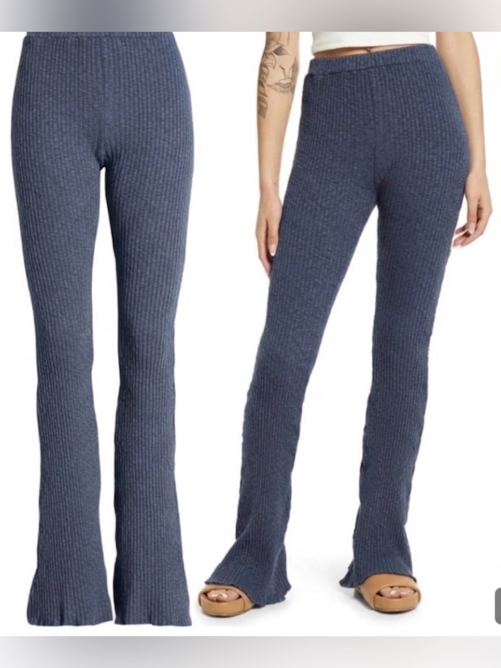 Lisa Says Gah Ribbed Flare Pants in Heathered Blue Size XS